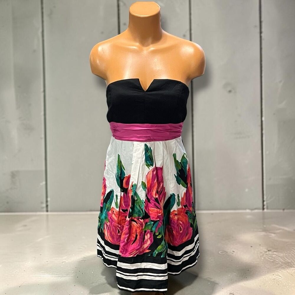 City Triangles Strapless Floral Dress Black Pink Rose Print Juniors Size 7